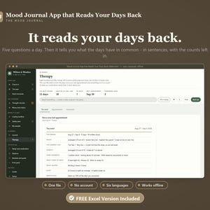 Może przedstawiać: Cyfrowy interfejs aplikacji Mood Journal wyświetlany na ekranie komputera. Ciemny pasek boczny zawiera kategorie takie jak Check-in i Therapy, a główny obszar prezentuje podsumowania danych, daty oraz analizy tekstowe na jasnym tle.