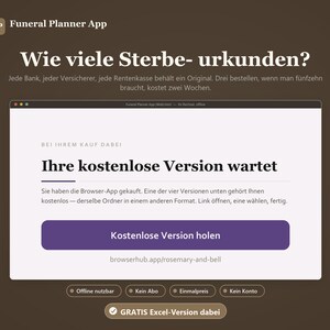 Könnte beinhalten: Eine digitale Benutzeroberfläche für die Funeral Planner App auf dunkelbraunem Hintergrund. Der Bildschirm zeigt deutschen Text, darunter den Titel Wie viele Sterbe-urkunden? und eine Schaltfläche mit der Aufschrift Kostenlose Version holen.