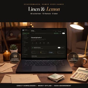 May include: A laptop displaying the Linen & Lemon digital cleaning planner interface with the text 48 SCHERMEN EEN BESTAND and 1 GRATIS BONUSVERSIE. The screen shows a dashboard with the text Hoeveel tijd heeft u? and various time options.