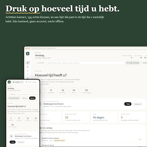May include: A digital cleaning planner interface displayed on a desktop monitor and a smartphone screen. The dark green background features the text Linen & Lemon, Druk op hoeveel tijd u hebt, and details about eighteen rooms and tasks.