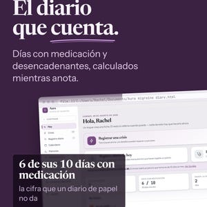 Könnte beinhalten: Eine digitale Migräne-Tagebuch-Schnittstelle auf einem Bildschirm mit weißem und violettem Text. Der Bildschirm zeigt ein Dashboard mit dem Text 'Hola, Rachel', 'Registrar una crisis' und '6 de sus 10 días con medicación' sowie Datenprotokolle.
