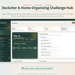 May include: A digital dashboard interface titled Declutter & Home Organizing Challenge Hub. The dark-themed sidebar lists navigation options like Dashboard and Challenge Library. The main area displays progress metrics, a daily task list, and a donation tracker.