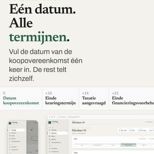 Könnte beinhalten: Eine digitale Benutzeroberfläche für Closing, den Fristenmotor, mit niederländischem Text zu Vertragsdaten und Fristen. Sie zeigt eine mobile App-Ansicht und ein Desktop-Dashboard mit Objektdetails für Eikenlaan 18 und Projektphasen.