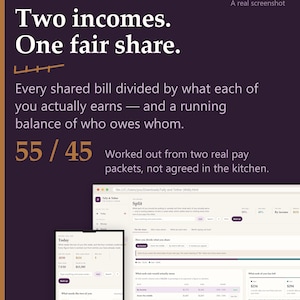 Op de afbeelding: Een donkerpaarse promotieafbeelding voor Tally & Tether met de tekst Money and the two of you, Two incomes. One fair share., en 55 / 45. Het toont een screenshot van een webinterface voor het verdelen van gedeelde rekeningen naar inkomen.