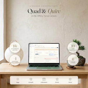 May include: A laptop displaying a digital planner interface titled Quad & Quire. The screen shows 14 screens in one file, 1 bonus version, 10 light and dark themes, and 6 languages. Below the laptop, a navigation bar lists Oggi, Compiti, Calendario, Orario, and Corsi.