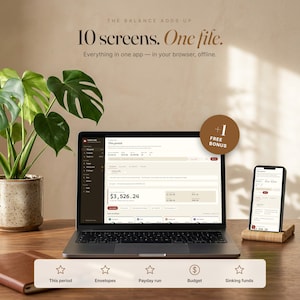 May include: A laptop and smartphone displaying financial software with the text: THE BALANCE ADDS UP 10 screens. One file. Everything in one app — in your browser, offline. A brown circle reads +1 FREE BONUS. Icons show This period, Envelopes, Payday run, Budget, Sinking funds.