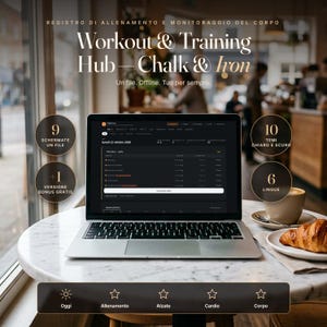 May include: A silver laptop displaying a digital workout and training hub titled Chalk & Iron. The screen shows a calendar interface with training logs. Text overlays highlight 9 screens, 10 light and dark themes, and 6 languages.