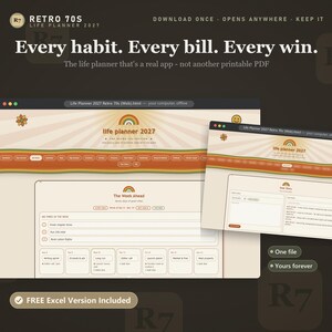 May include: A digital life planner 2027 application with a retro aesthetic featuring orange, brown, and cream color schemes. The interface displays a weekly schedule, habit trackers, and bill management tools with the text Every habit. Every bill. Every win.