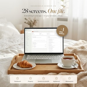 May include: A laptop displaying a digital household binder interface with 28 screens, featuring text that reads: Household-Binder-EN, 28 screens. One file. Everything in one app — in your browser, offline. Includes a +1 free bonus badge.