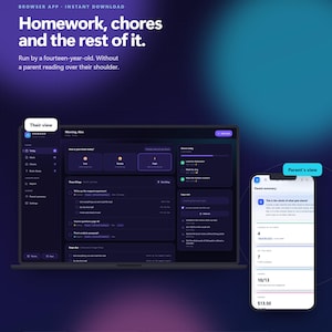 Puede incluir: Una interfaz digital para la aplicación de navegador Onward, que muestra un panel de control oscuro con listas de tareas, resúmenes diarios y seguimiento de progreso. El diseño incluye una pantalla de escritorio 'Their view' y una pantalla móvil 'Parent's view'.