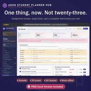 ADHD Student Planner Digital App | Assignment Tracker, Study Timer, Task Breakdown, Exam Countdown, 504 IEP Accommodations | Free Excel