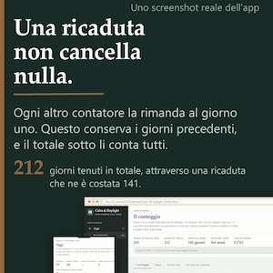 May include: A dark green digital interface display featuring the text "CONTEGGIO VOGLIE Cairn & Daylight" and "Una ricaduta non cancella nulla." It shows app screenshots with statistics including "212 giorni tenuti in totale" and "141 giorni" displayed in white and orange text.