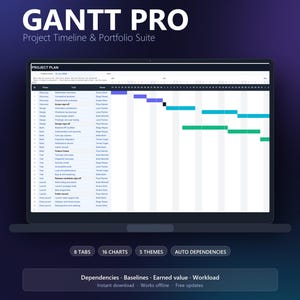 May include: A digital Gantt Pro project timeline and portfolio suite template for Excel and Google Sheets displayed on a laptop screen. The interface shows a project plan with phases, tasks, owners, and a color-coded timeline chart with dependencies.