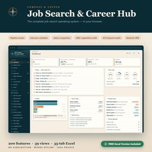 Puede incluir: Una interfaz de panel digital titulada Job Search & Career Hub de Compass & Copper. La pantalla muestra métricas, solicitudes activas, un gráfico de embudo y listas de tareas para el seguimiento de empleo, con una barra lateral oscura.