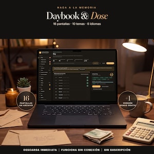 Puede incluir: Un portátil mostrando la interfaz del software Daybook & Dose con un tema oscuro. La pantalla presenta un panel con seguimiento de medicamentos, listas y datos. El texto incluye: NADA A LA MEMORIA, Daybook & Dose, 16 pantallas, 10 temas, 6 idiomas.