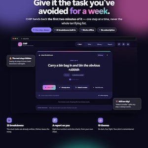 May include: A digital interface for the CHIP task management application, featuring a dark purple theme with gradient accents. The screen displays a task breakdown titled 'Clean the bathroom' with a two-minute timer and step-by-step instructions.