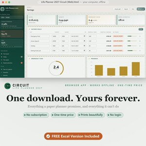 May include: A digital Life Planner 2027 interface displayed on a screen, featuring a savings dashboard with financial data, charts, and goal tracking. Below the interface, text reads: One download. Yours forever. No subscription. FREE Excel Version Included.