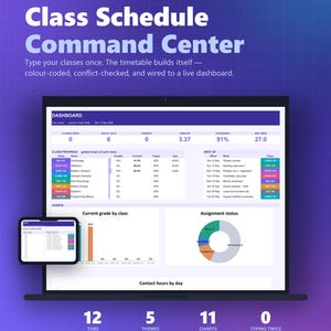 Puede incluir: Una plantilla digital de centro de mando de horarios de clase para Google Sheets y Excel. La interfaz muestra un panel con el progreso de las clases, el estado de las tareas, gráficos y un horario. El texto incluye Class Schedule Command Center.