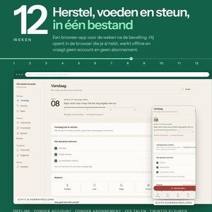 May include: A digital browser application for postpartum recovery, feeding, and support, titled Het vierde trimester. The interface displays a 12-week planner with daily tracking, checklists, and notes, accessible offline without accounts or subscriptions.
