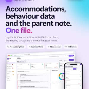 May include: A digital interface for Bridge SPED Case Manager software displayed on a desktop browser and a smartphone. The screen shows a dashboard with student data, incident logs, and service minutes. Text includes 'Accommodations, behaviour data and the parent note. One file.' and feature labels like 'No subscription' and 'Works offline'.