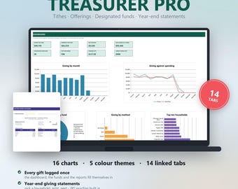 Church Treasurer Spreadsheet, Tithes and Offering Tracker, Donation Log, Fund Accounting, Year End Giving Statements, Excel Google Sheets