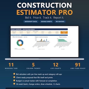 May include: Construction Estimator Pro software template for Microsoft Excel and Google Sheets. Features a project dashboard with cost structure, budget vs actual cost, and progress charts. Includes 11 tabs, 5 color themes, 12 live charts, and 91 line items.