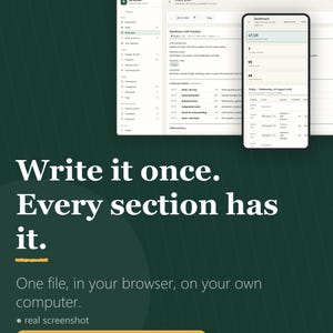 Puede incluir: Un centro de planificación de lecciones para docentes digital que se muestra en una pantalla de computadora y un teléfono inteligente. La interfaz muestra un panel de plan diario con el texto Write it once. Every section has it. One file.