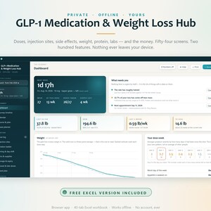 Peut inclure: Une interface de tableau de bord numérique intitulée GLP-1 Medication & Weight Loss Hub. L'écran affiche des mesures de suivi, notamment une perte de poids de 17,1 kg, un poids actuel de 88,3 kg et un graphique hebdomadaire des doses.