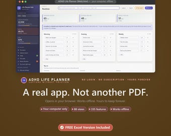 Puede incluir: Una interfaz digital de ADHD Life Planner en una ventana de navegador, con secciones para rutinas de mañana, tarde y semana. El texto dice: A real app. Not another PDF. Incluye características como Your computer only, 88 views y 335 features.