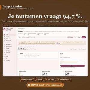 May include: A digital interface for Lamp & Lattice nursing study software displayed on a screen. The dashboard shows academic progress, including the text 'Je tentamen vraagt 94,7 %' and 'GRATIS Excel-versie inbegrepen' at the bottom, with a brown background.