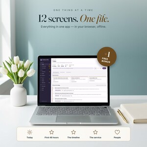 May include: A silver laptop displaying a software interface with the text 12 screens. One file. Everything in one app — in your browser, offline. A brown circle reads +1 FREE BONUS. A white vase with white tulips and a notebook sit nearby.