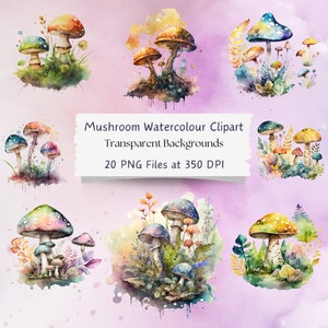 Clipart aquarelle champignon - lot de 20 champignons aquarelles, téléchargement immédiat format PNG mignon forêt nature clipart champignon vénéneux