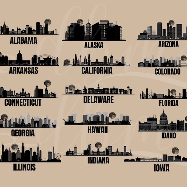 Custom 50 US Cities States Skylines Clipart SVG PNG Transparent Background Cityscape Wall Art Digital Graphic layered full moon silhouette