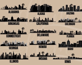 Custom 50 US Cities States Skylines Clipart SVG PNG Transparent Background Cityscape Wall Art Digital Graphic layered full moon silhouette