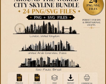 Worlds Favorite City Skylines Clipart Bundle | Digital Clip Cut DTF Svg Png Laser Art Files | HQ Airbnb Hotel Home Office Reception Decor