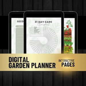 Könnte beinhalten: Ein digitaler Gartenplaner mit drei Seiten. Die erste Seite ist ein Saatgut-Tracker mit einem Abschnitt für den Saatgutnamen. Die zweite Seite ist ein 31-Tage-Pflege-Tracker mit einem kreisförmigen Raster zur Verfolgung von Wasser, Licht, Kalium, Stickstoff, Phosphor und Beschneiden. Die dritte Seite zeigt einen vertikalen Garten mit einer Vielzahl von Pflanzen.