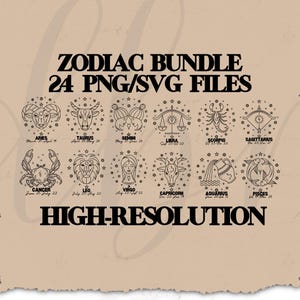 Bundle de cliparts astrologie astrologique signes du zodiaque SVG Fichiers PNG DTF Art numérique Décoration de bureau à domicile Artisanat fournitures Kit d'éléments