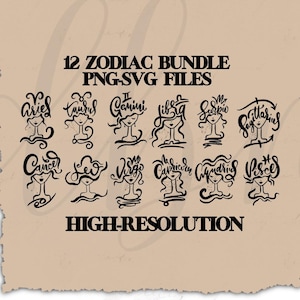 Zodiac Bundle 24 Horoscope Constellation PNG SVG Files Astrology Clipart for DIY Crafts Apparel Supplies Wall Decor Elements Kit Nostalgia