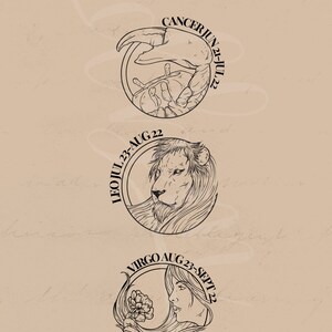 Op de afbeelding: Een beige achtergrond met drie cirkelvormige illustraties van dierenriemtekens. De bovenste cirkel toont een krab, met het label "Cancer Jun 21-Jul 22". De middelste cirkel toont een leeuw, met het label "Leo Jul 23-Aug 22". De onderste cirkel toont een vrouw, met het label "Virgo Aug 23-Sept 22."