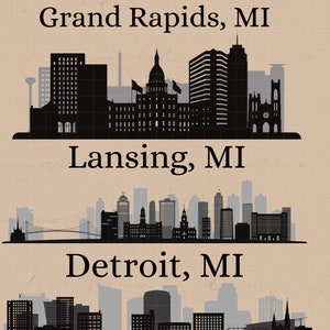 Michigan Skylines Detriot Grand Rapids Lansing steden stadsgezicht skylines digitale DTF PNG SVG clipart-bestanden afdrukbare Instant Download bundel