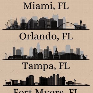 Florida FL Skylines Miami Tampa Rolando Fort Myers Stadtansichten Bundle Clipart PNG SVG Dtf-Dateien Büro Wohnkultur Schule Handwerk