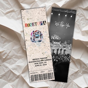 May include: Two concert tickets. One ticket features the word "ROSETOPA" in colorful letters, a map design, and event details for June 05, 2026, at Madison Square Garden. The other ticket is black and white with the words "We Rose You" and "The Rose".