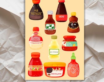 Impresión de postal con salsas asiáticas kawaii