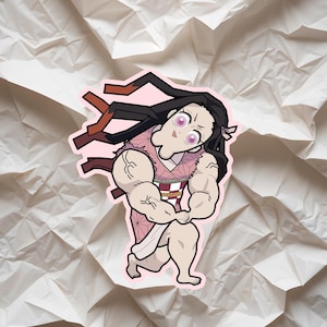 Pode incluir: Um adesivo com um personagem de anime musculoso em um quimono rosa, cabelo preto e olhos rosa. O personagem está agachado com uma expressão determinada, delineado em rosa.