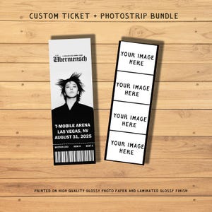 May include: A custom ticket and photostrip bundle. The ticket features a black and white image of a person, the text "Ubermensch", and event details for T-Mobile Arena, Las Vegas, August 31, 2025. The photostrip has space for four images.