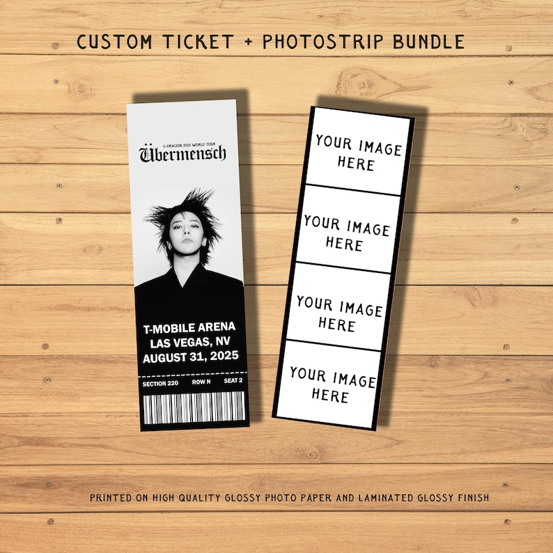 May include: A custom ticket and photostrip bundle. The ticket features a black and white image of a person, the text "Ubermensch", and event details for T-Mobile Arena, Las Vegas, August 31, 2025. The photostrip has space for four images.