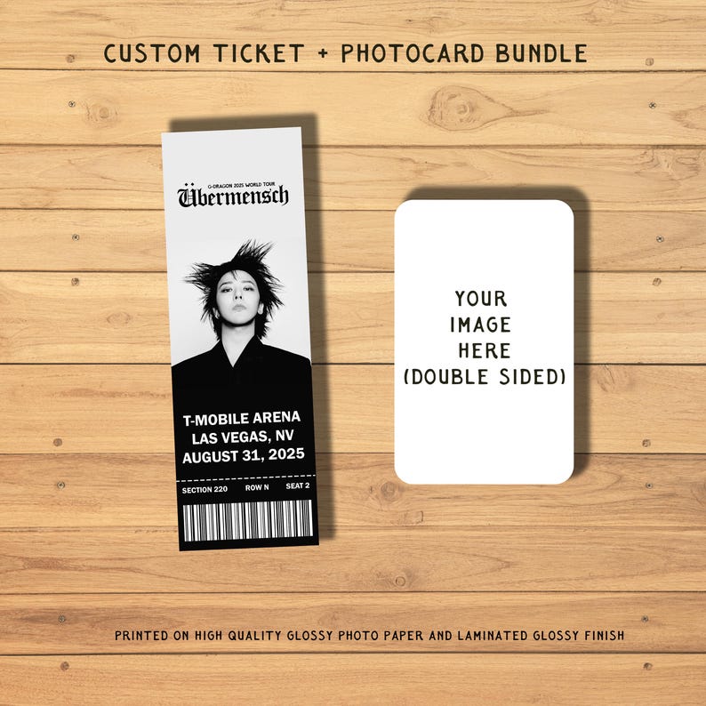 May include: A custom ticket and photocard bundle. The ticket features a black and white image of a person and event details for T-Mobile Arena, Las Vegas, August 31, 2025. The photocard is white with the text "YOUR IMAGE HERE (DOUBLE SIDED)".