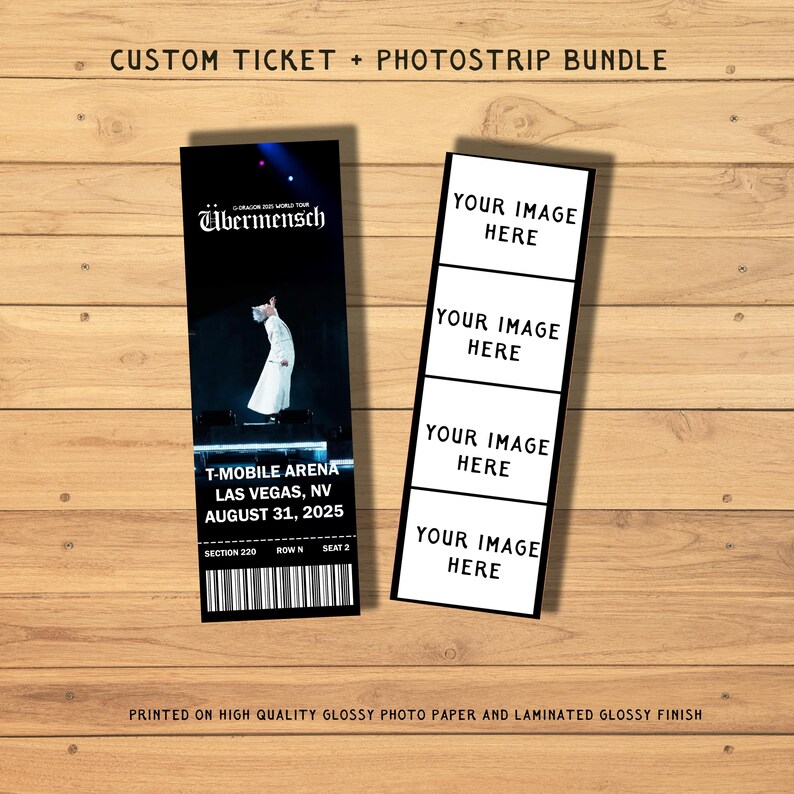 May include: A custom ticket and photostrip bundle. The ticket features the text "Ubermensch" and "T-MOBILE ARENA LAS VEGAS, NV AUGUST 31, 2025". The photostrip has space for four images. The text "YOUR IMAGE HERE" is printed on the photostrip.