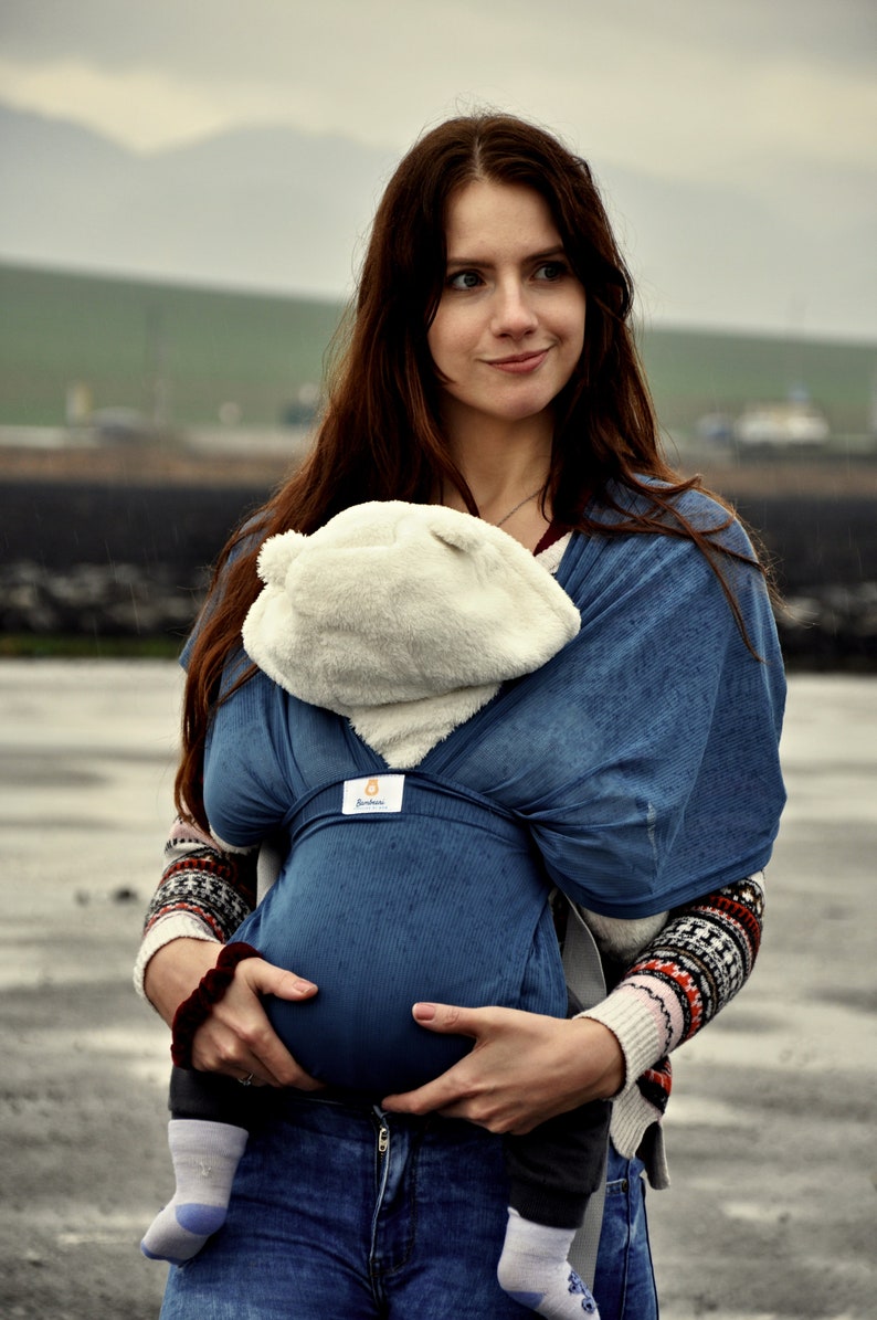 Porte-bébé léger et ergonomique Bambeari, écharpe de portage, porte-bébé réglable, du nouveau-né au tout-petit, transpire moins et se blottit Bleu