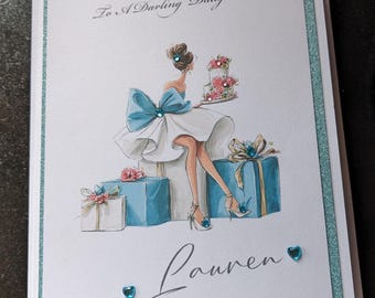 Personalised Birthday Card: Mum, Daughter, Sister, Friend, Niece - A5 , A4 Cardstock with Crystal Embellishments
